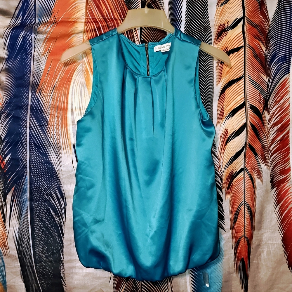 EUC Vintage Liz Claiborne Pleated Satin Exposed Zipper Blouse Teal Sz. M